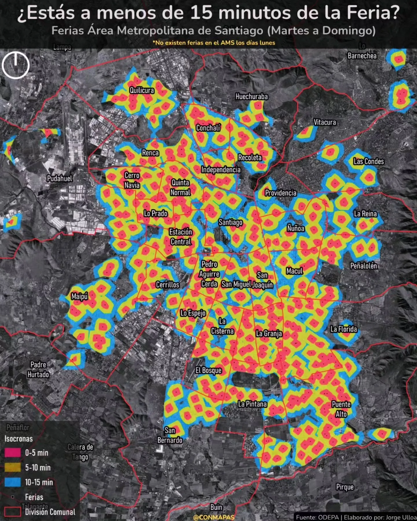 Mapa de Santiago con isócronas peatonales de 5, 10 y 15 minutos alrededor de ferias libres