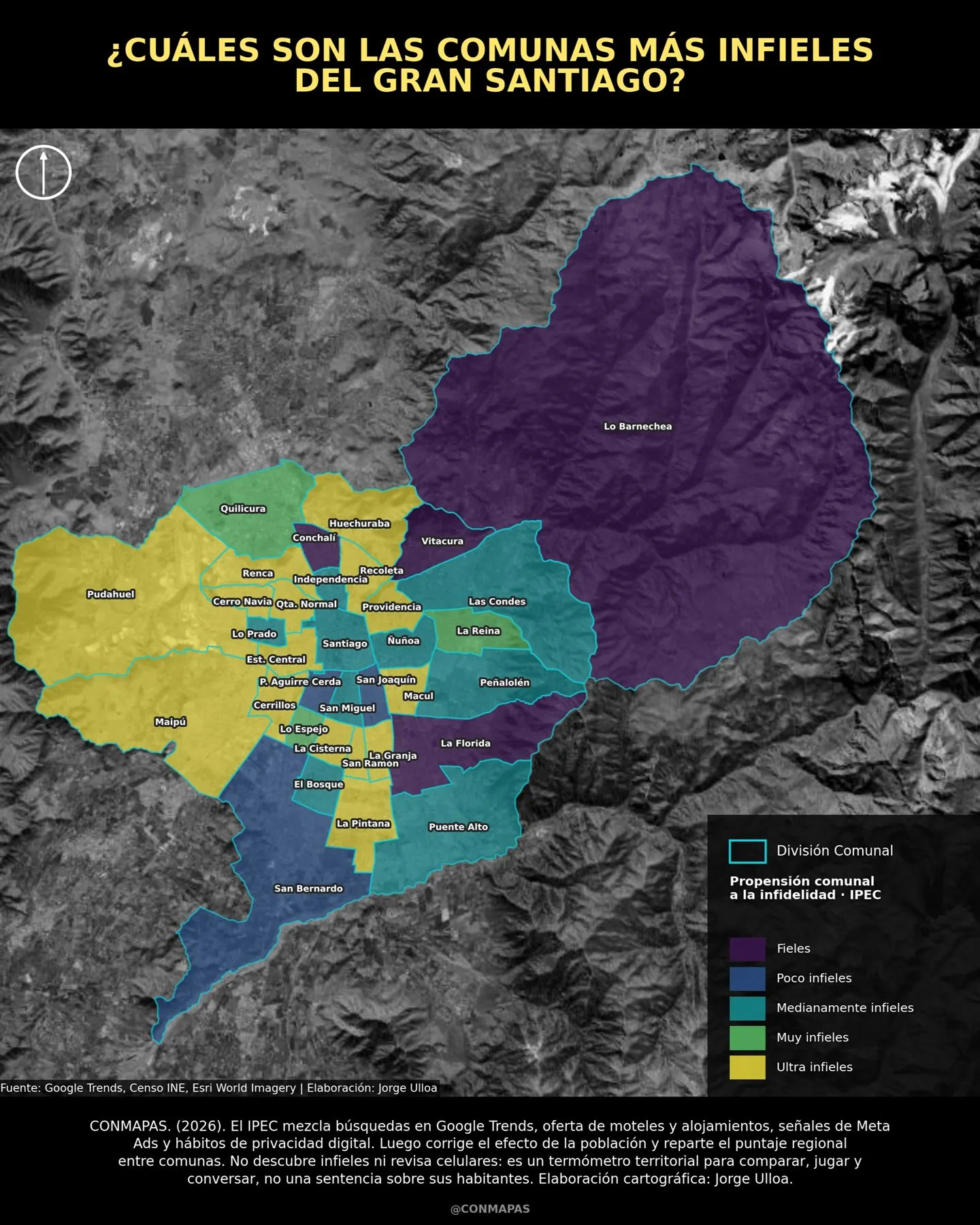 Mapa del Gran Santiago clasificado mediante un índice territorial exploratorio sobre infidelidad