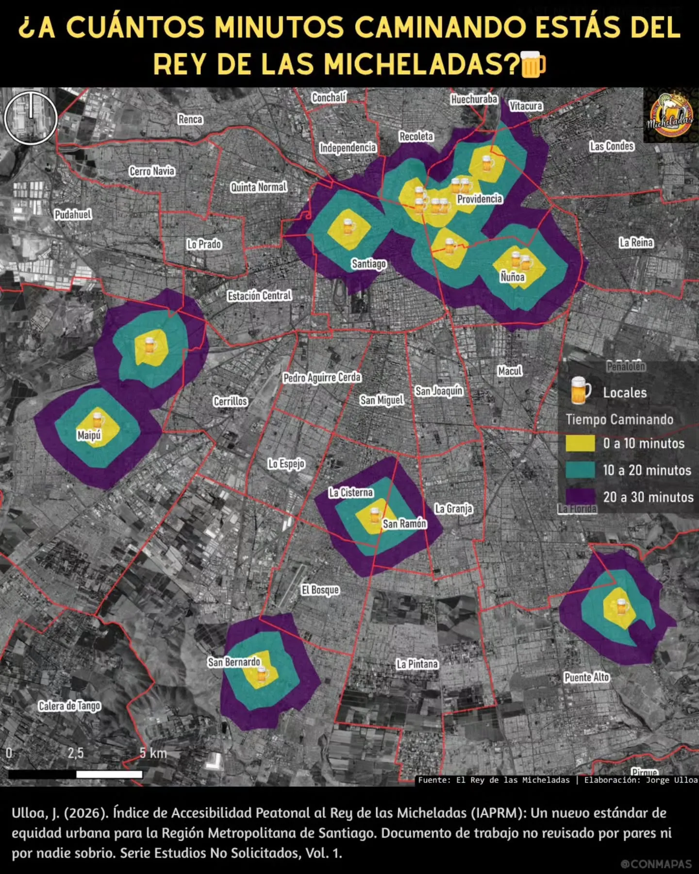 Mapa de tiempos caminando a locales del Rey de las Micheladas en Santiago, con áreas de 10, 20 y 30 minutos