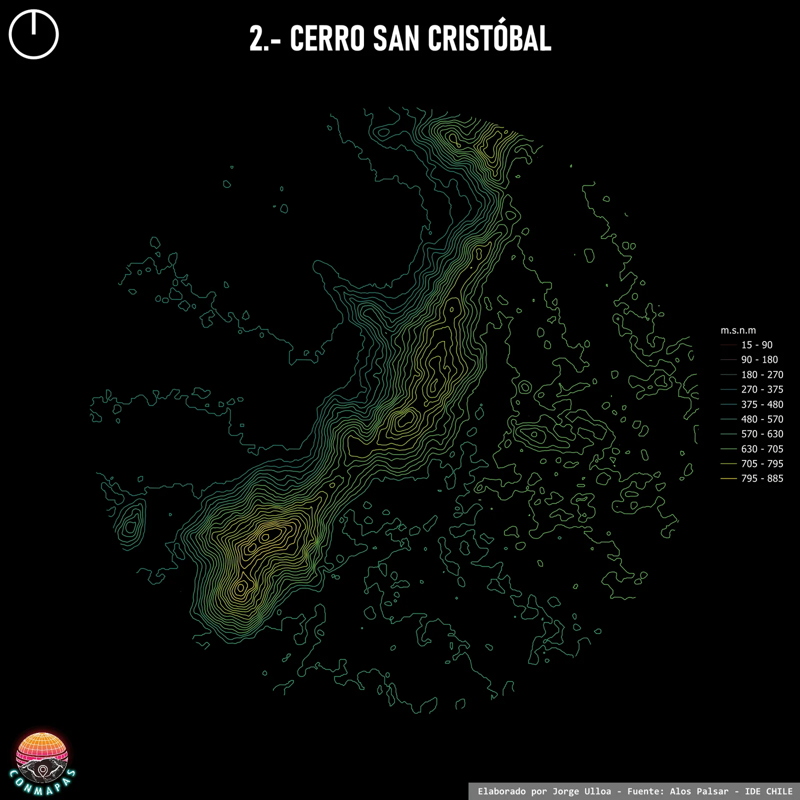 Curvas de nivel del cerro San Cristóbal, cartografía de Jorge Ulloa para ConMapas